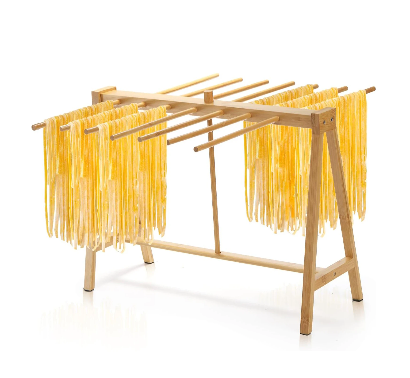 Bamboo Pasta Drying Rack, Noodle Dryer Stand with Transfer Wand and 14 Bars, Stable Household Spaghetti Hanger
