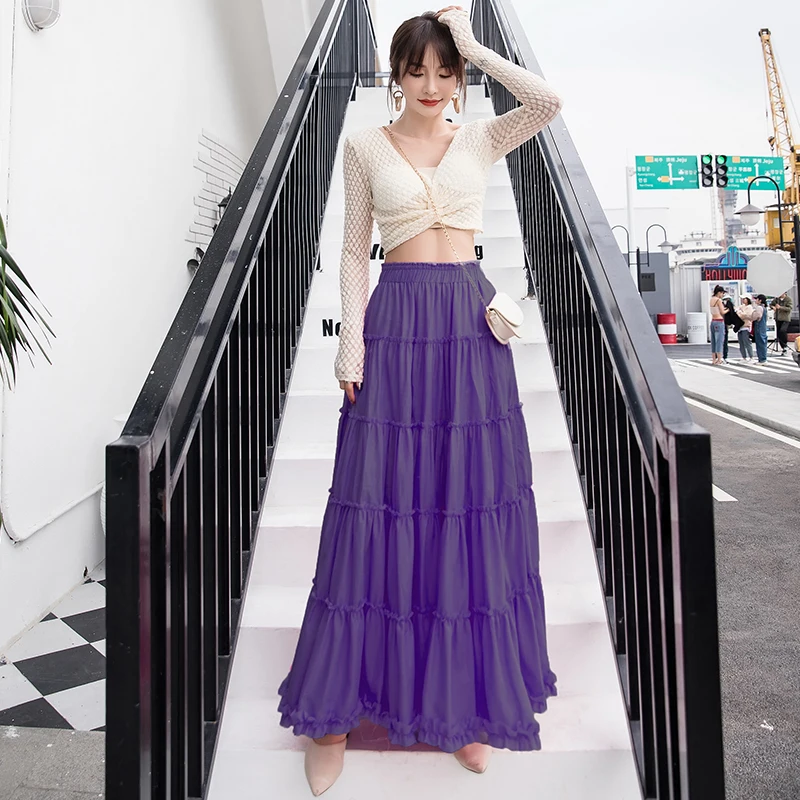
Full Long Summer Flower Printed Chiffon Skirt 