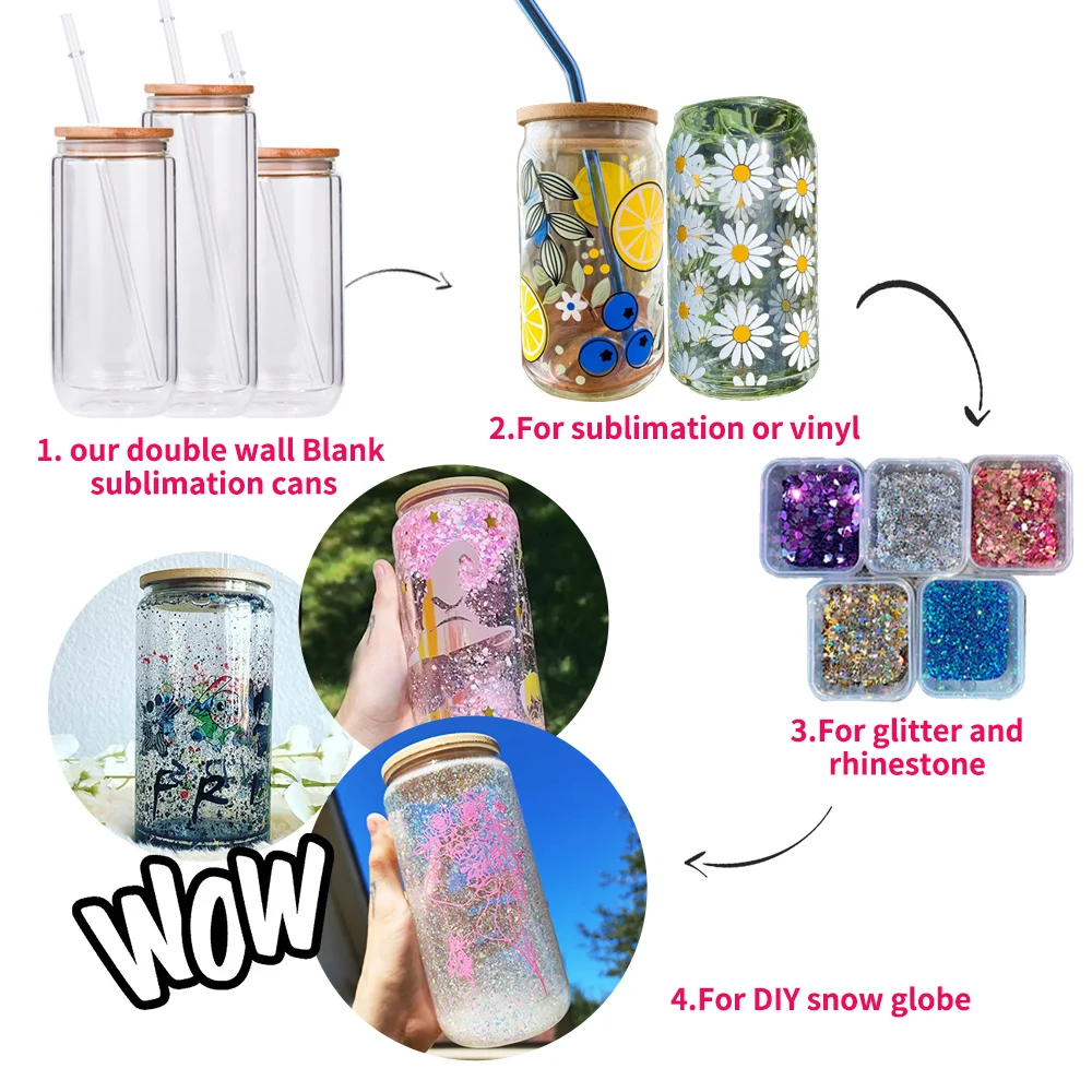 2024 new Pre drilled Double Wall Sublimation Beer Tumbler Snow Globe Can With bamboo lid