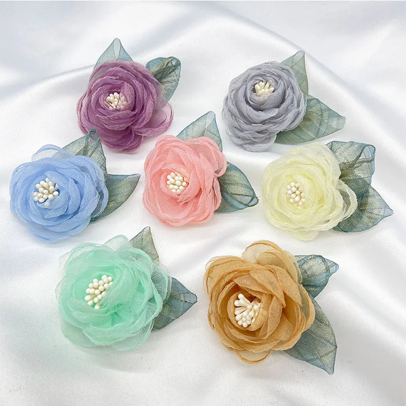 Organza burnt edge flower accessories fabric three-dimensional flower brooch accessories hairpin diy handmade semi-finished
