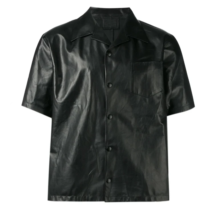 Custom Fashion High Quality Shirts Men Black Short Sleeve Leather Button Up Shirt for Men