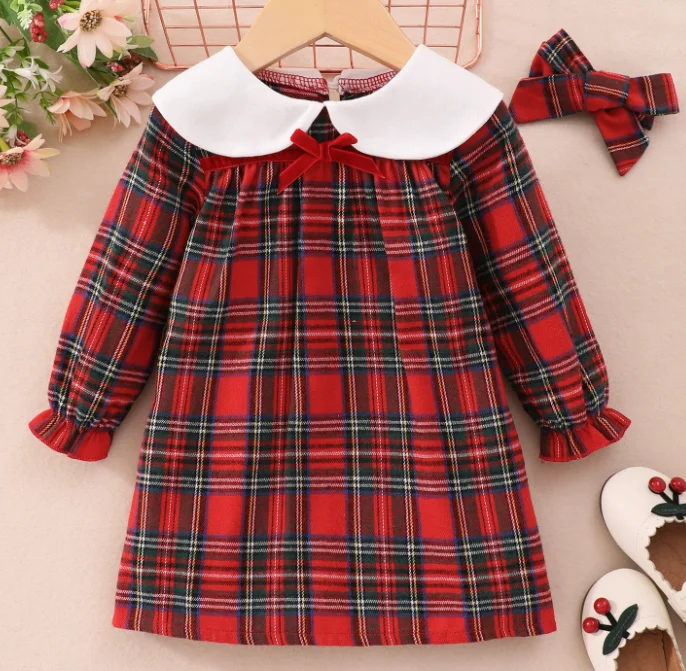 Детское рождественское красное клетчатое платье с длинным рукавом