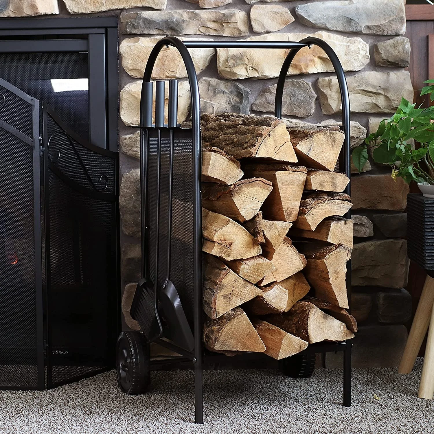 Indoor and Outdoor  Firewood Rack Cart with Wheels Fireplace Log Holder Carts with 3 Pieces Fireplace Tools Sets