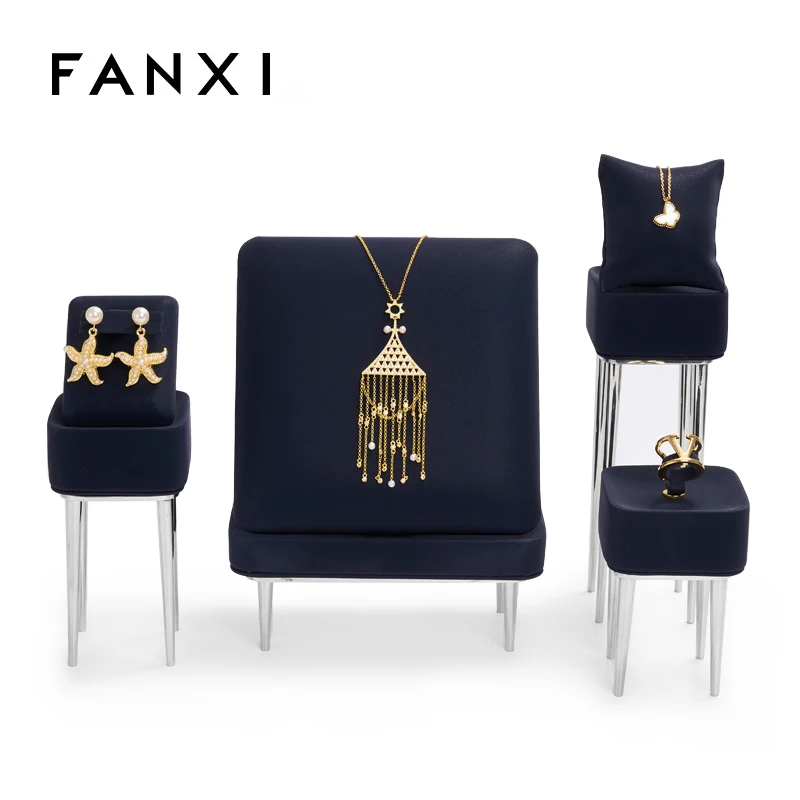FANXI New arrival luxury Navy blue Microfiber Display stands for ring earring pendant Metal holder Jewelry showcase display sets