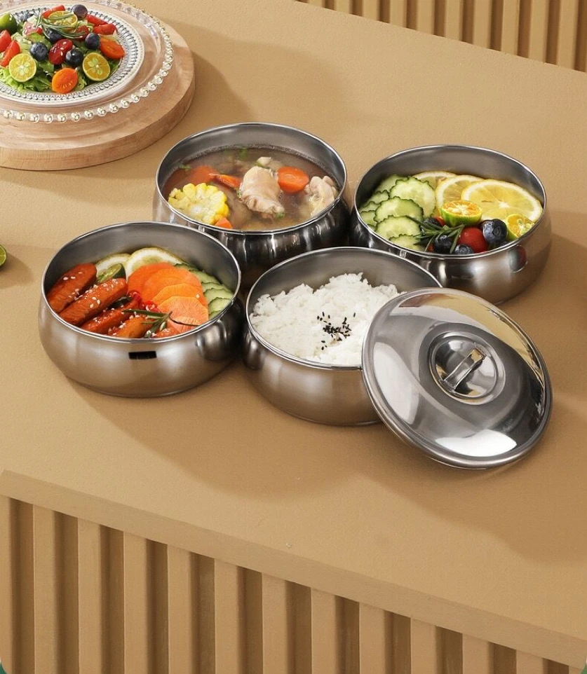 newest style 2/3/4 layer round drum shape lunch box tiffin box heatable stainless steel with food carrier