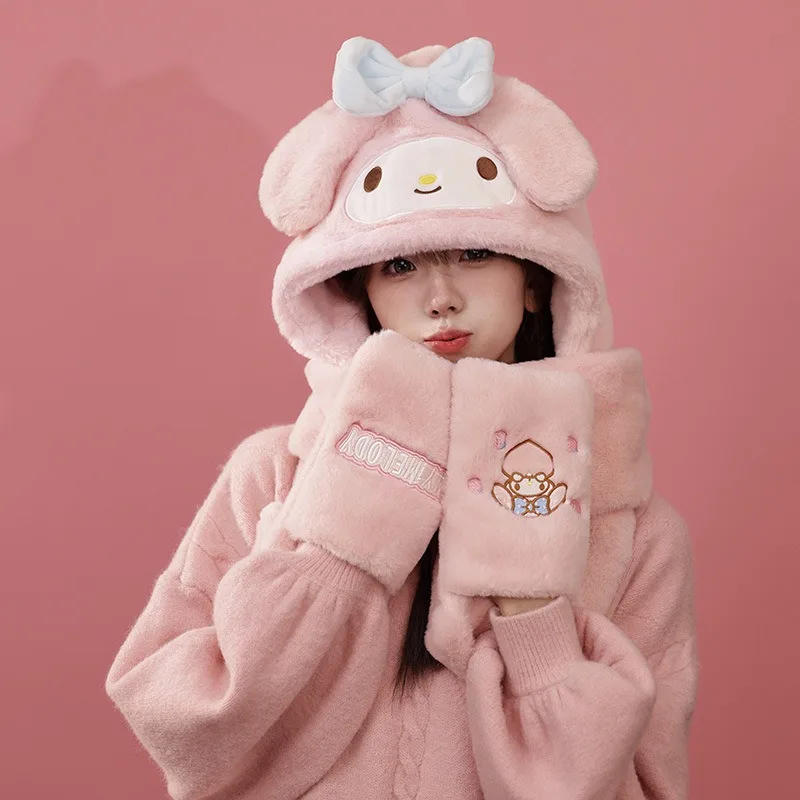 Cute My Melody Kawaii Kuromi Cinnamoroll Winter Set Includes 3Pcs Plush Earmuffs Scarf Flip Gloves Soft Thicken Warm Girl Cute