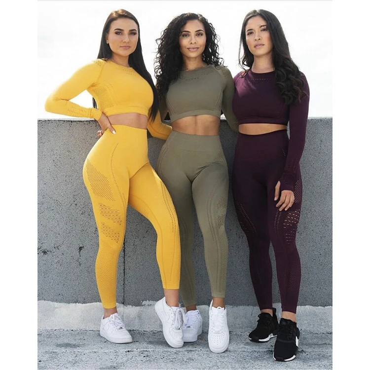 
2021 OEM Custom Workout 2 Piece Gym Yoga Set Long Sleeve Crop Top Seamless High Waisted Leggings Fitness Activewear Sets 