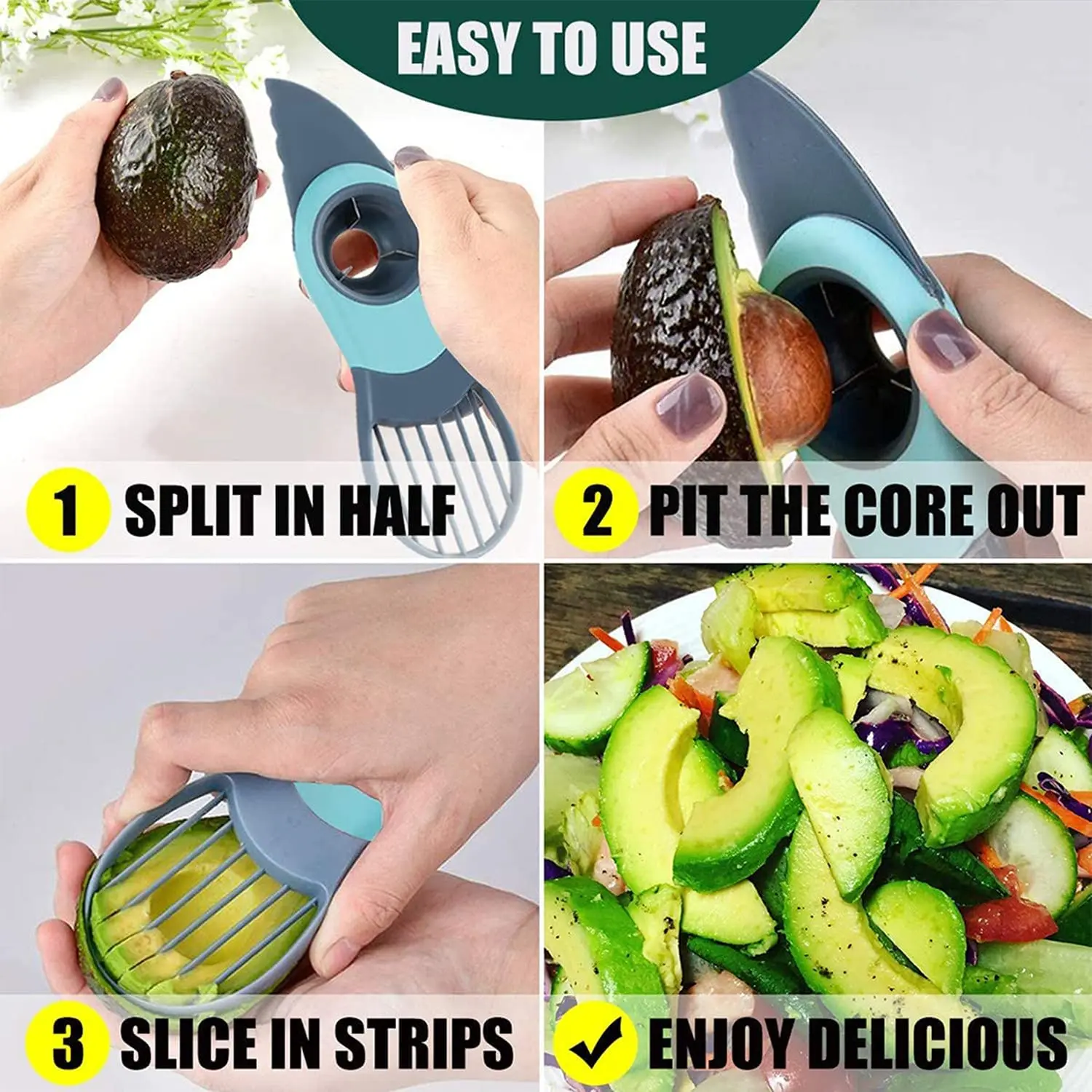 New Arrivals 3 in 1 Multifunction Kitchen Gadgets peeler and pitter Avocado Cutter Tool Avocado Slicer with detachable handle