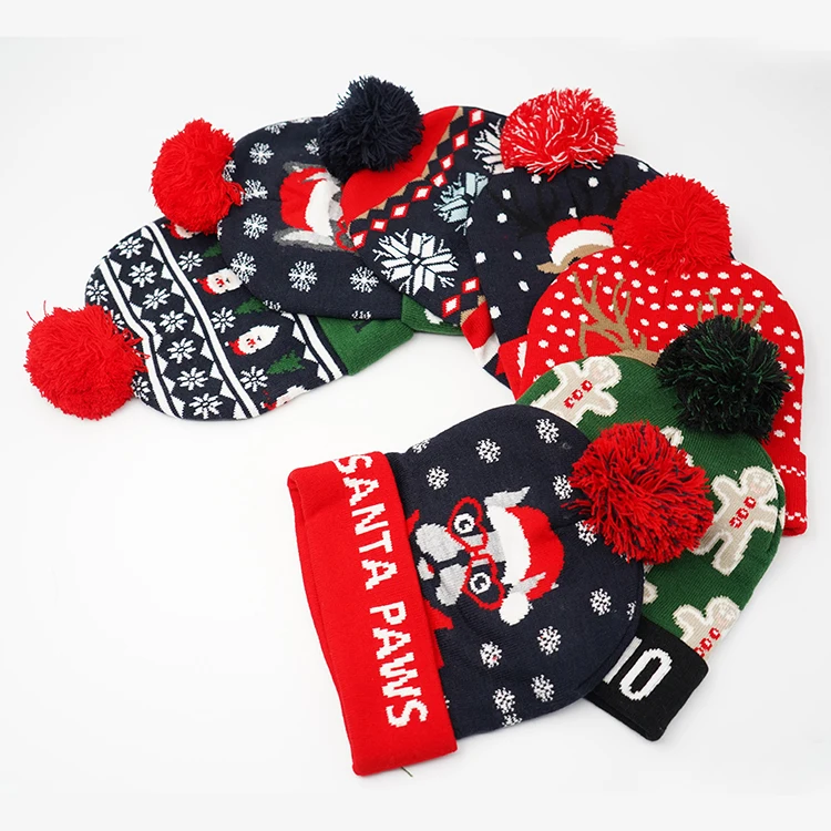 Christmas Flanging Knitted Hat With Ball With Led Colorful Lights For Adults And Children Decorative Hat