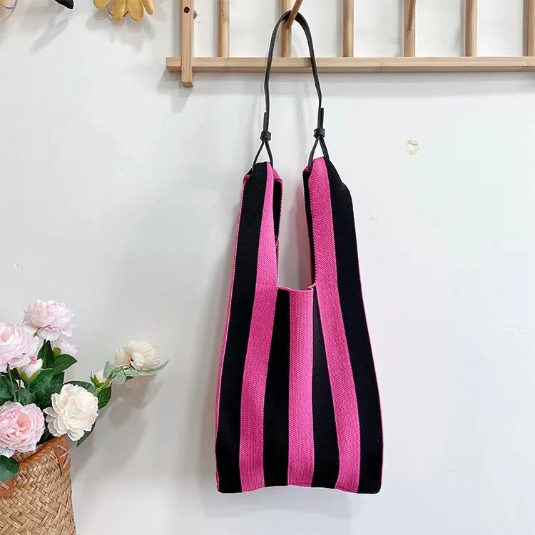 Custom Women Wool Knitted Stripe Bags Fashion Knitted Tote Bag Striped Pattern Crochet Handbags