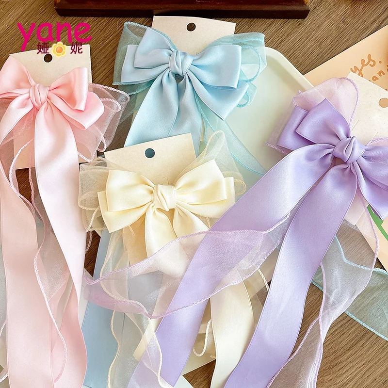 Girls long ribbon bow knot hair clip solid color double layer bowknot hair accessories