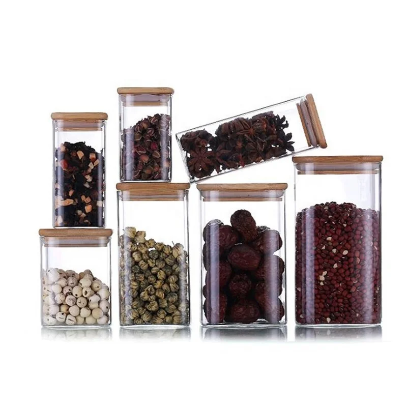 Hot Sell Airtight Food Cans Square Storage Glass Jar Cylinder With Wooden Top Lid Glass Storage Jar