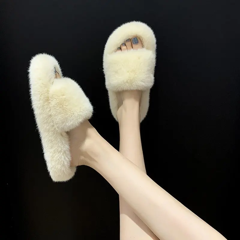 Fuzzy Comfortable Furry Spa Home Slippers Lightweight open-toe Women indoor Faux Fur Slipper for