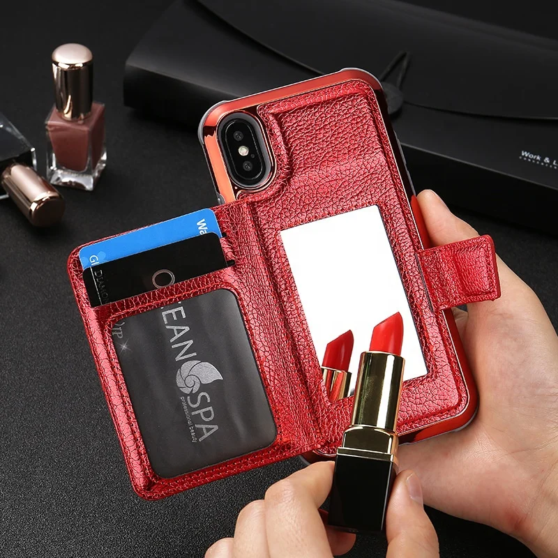 
Luxury Pu Leather Flip Mirror Mobile Electroplating Card Phone Holster Mobile Phone Case for iPhone X Samsung s10 Ladies 