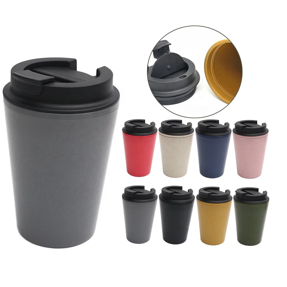wholesale custom bulk 12oz wheat straw fiber coffee cup with lid PP plastic cups double wall reusable coffee tumblers