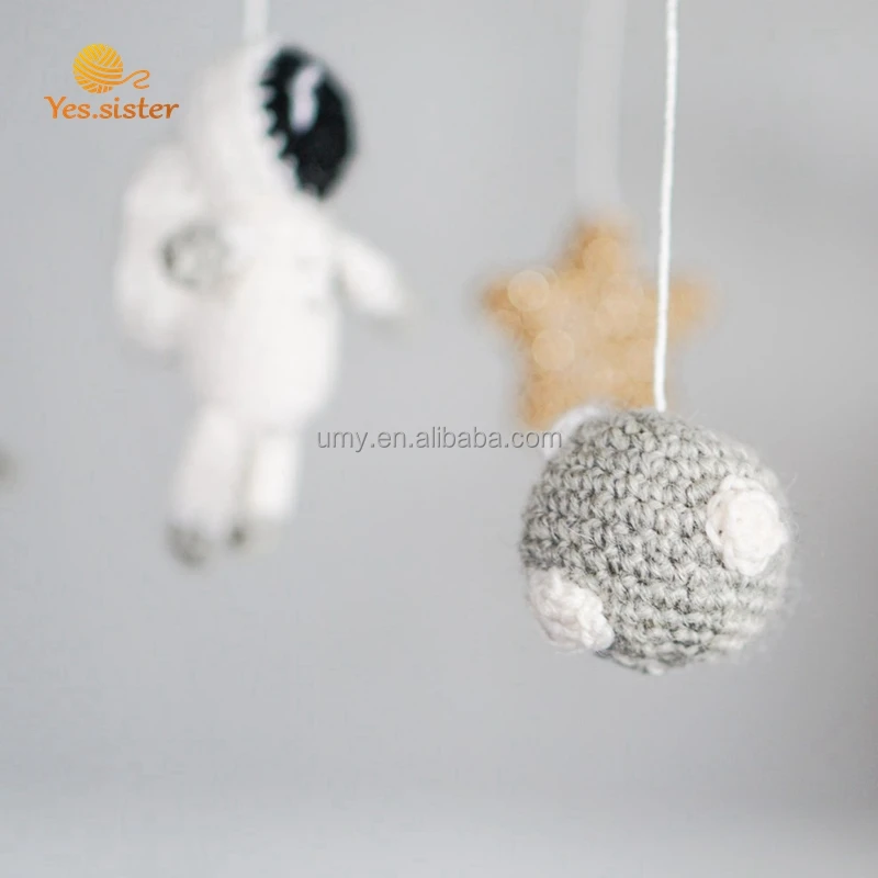 Wooden Crochet Astronaut Toy Crib Space Baby Shower Gift Handmade New Cot Mobile