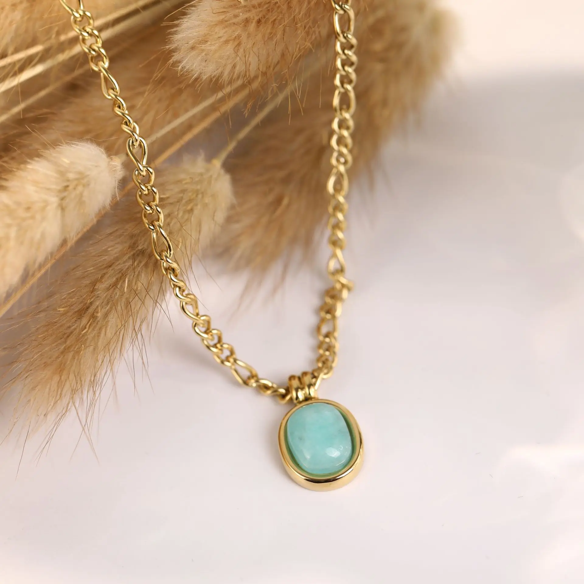 18K Gold Plated Stainless Steel Women Gemstone Jewelry Cabochon Amazonite Natural Stone Necklace With Figaro Chain