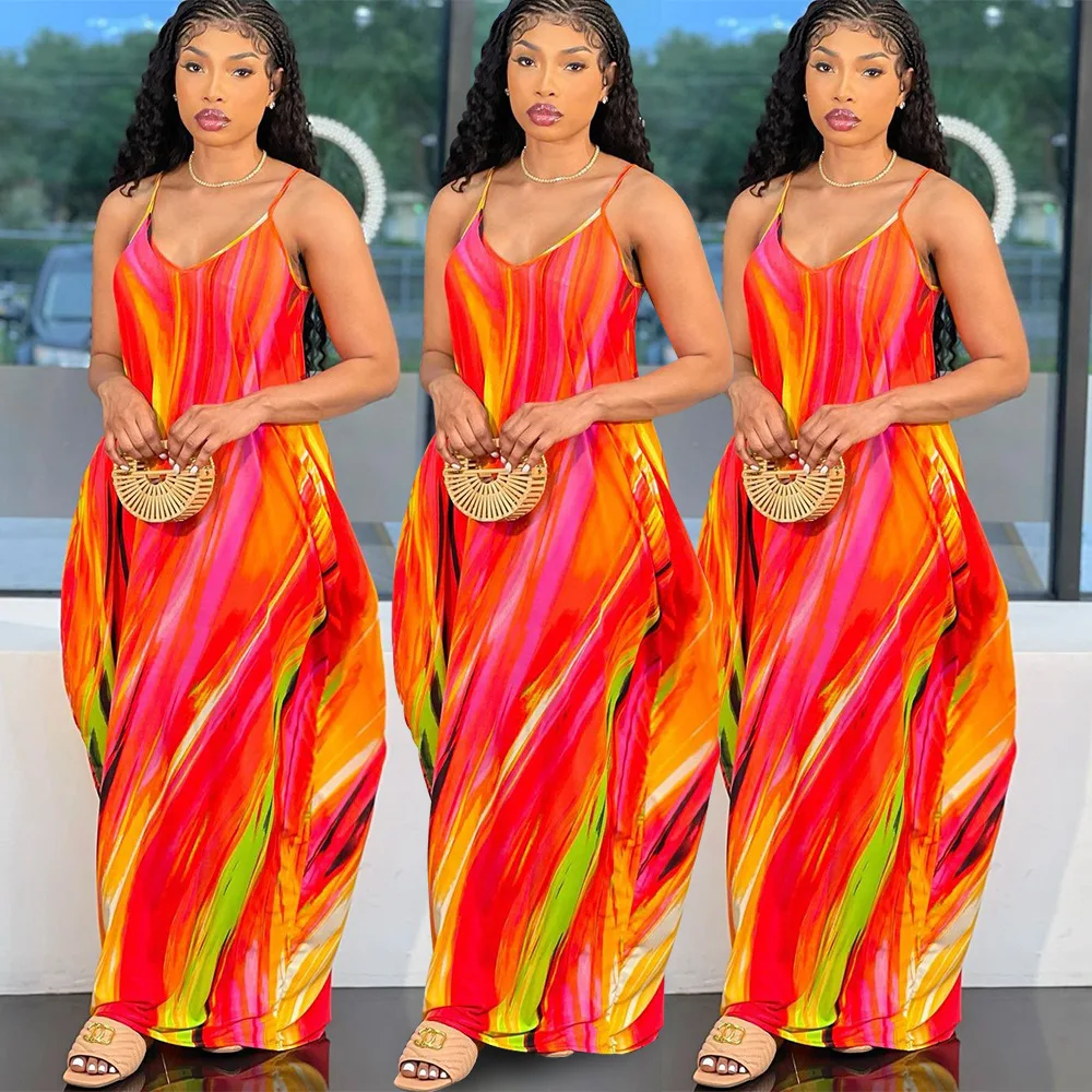 Women Beach Wear 2022 Bohemian Style Loose Floral Colorful Printed Maxi Sun Bangkok Dress Strap Dresses