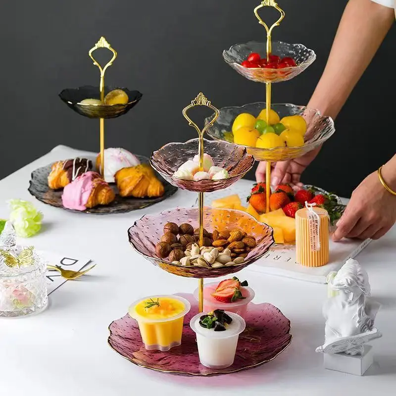 3 Layer Party Snack Food Fruit Cake Serving Dim Sum Dessert Decorative Decor Glass Tiered Tray Plate Dish Set