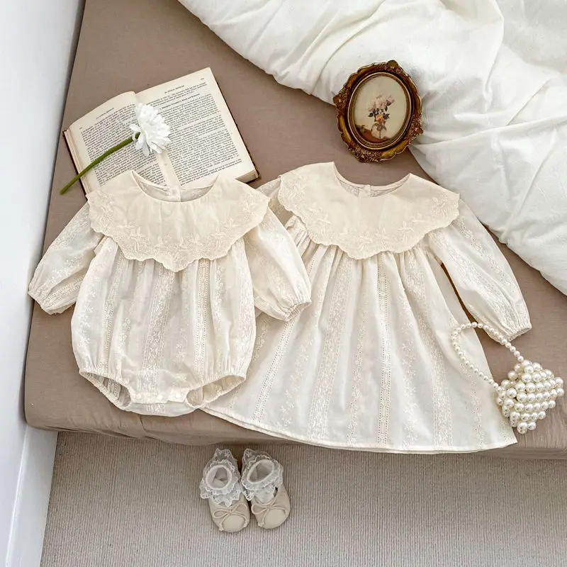Spring 2024 Baby Clothes Girls Flower Embroidery Big Lapel Long Sleeve Wrap Dress Baby Princess Dress