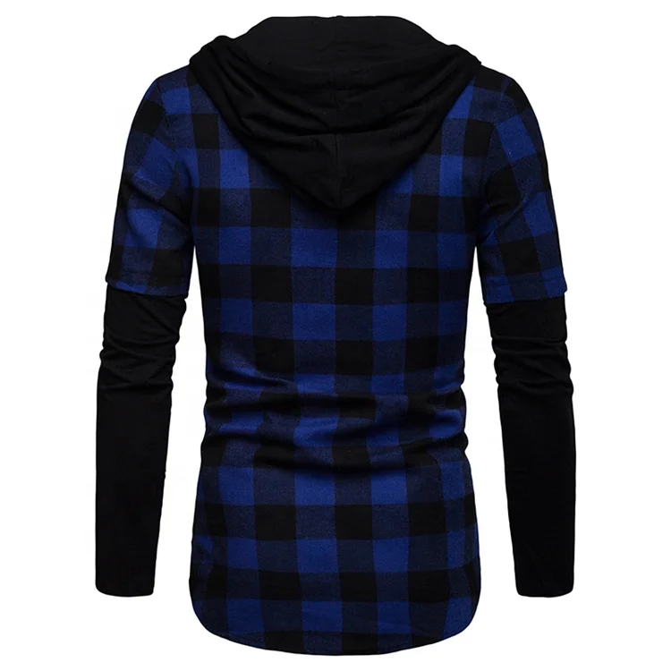 Оптовая продажа, повседневная мужская приталенная рубашка из смеси хлопка с длинным рукавом и капюшоном, красная, черная, в клетку
