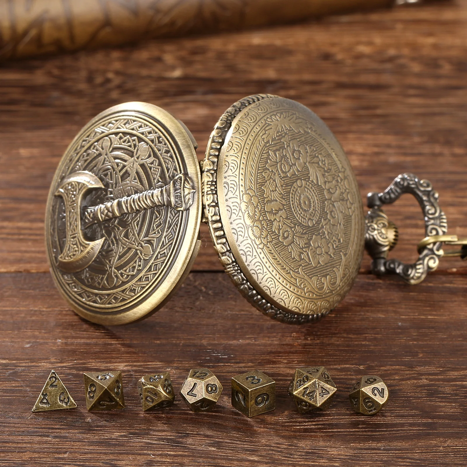 Barbarian Hatchet Mysterious Theme Pocket Watch Case 41 Available Styles Portable Dice Box with Metal Dice Set