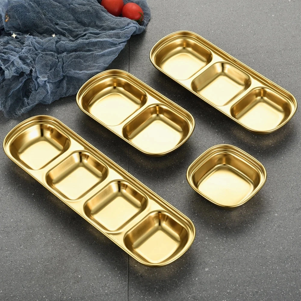 Stainless Steel BBQ Grill Sause Dishes 3 Compartments Metal 24K Plated Gold Dipping Plates