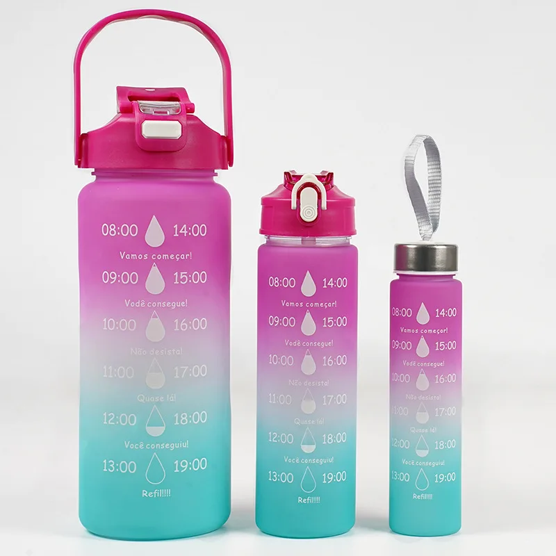 Straw Plastic Sports 2000ml Gradient 3pcs Set Water Bottle  With Time Marker With Straw