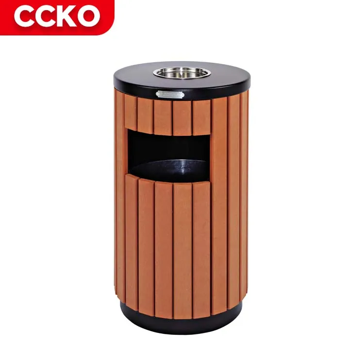Brown Baking Paint Wood Grain Parks Streets Backyard Patio Garbage Bin Waste Bins Garbage Can Outdoor Trash Can With Top Tray