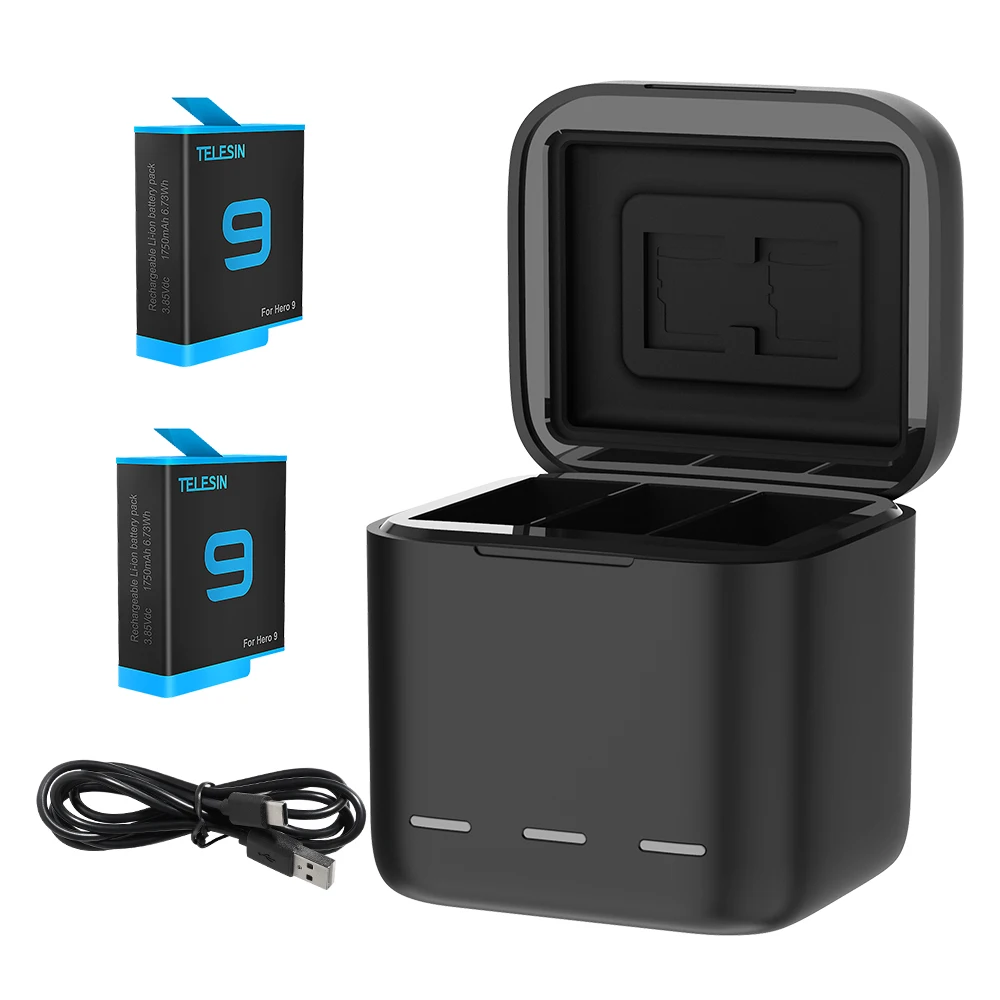 Тройное зарядное устройство Telesin и комплект из 2 батарей Hero10 для камер GoPro Hero 10 и Hero 9