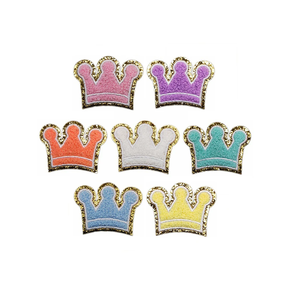 Cute Multicolor Chenille Glitter Crown iron on or Self Adhesive Embroidered Patches for Kids