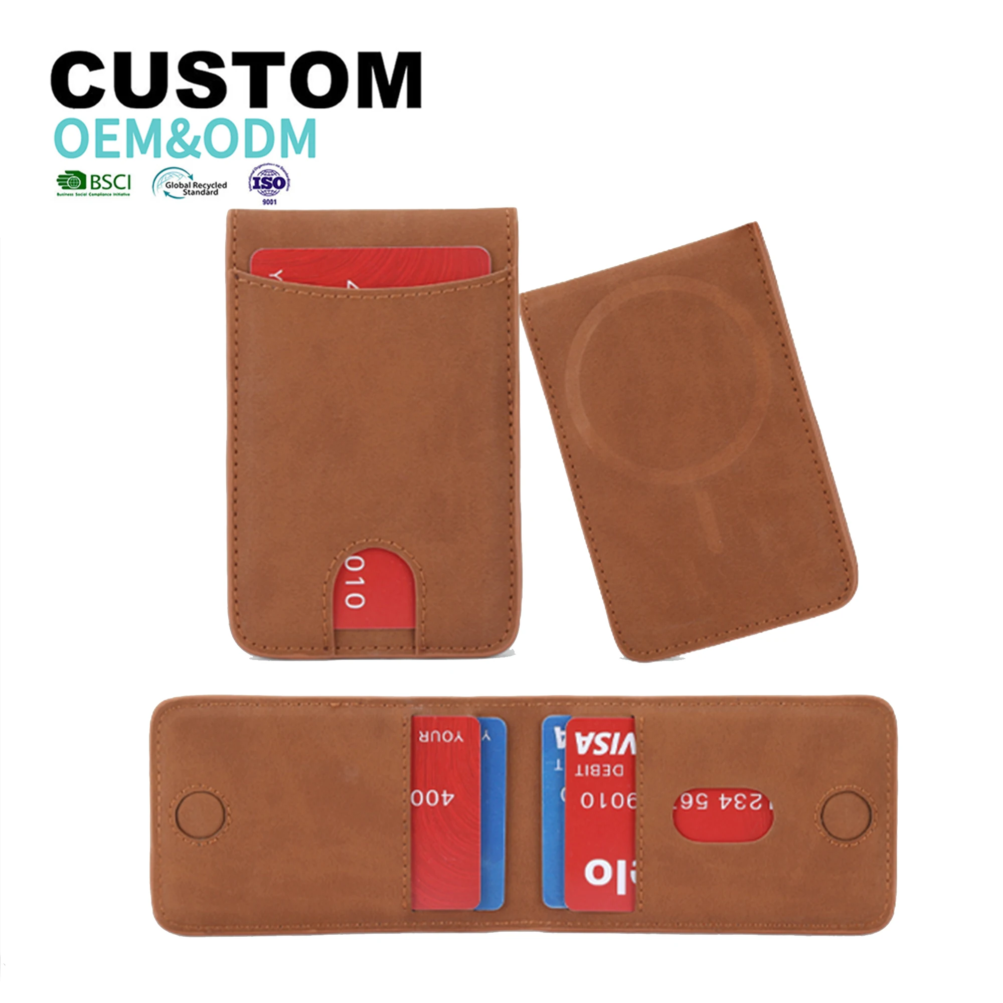 Factory Hot Sale Genuine Leather Credit Card Holder Bifold Magnetic Wallet RFID Blocking Slim Magnetic Phone Stand Wallet