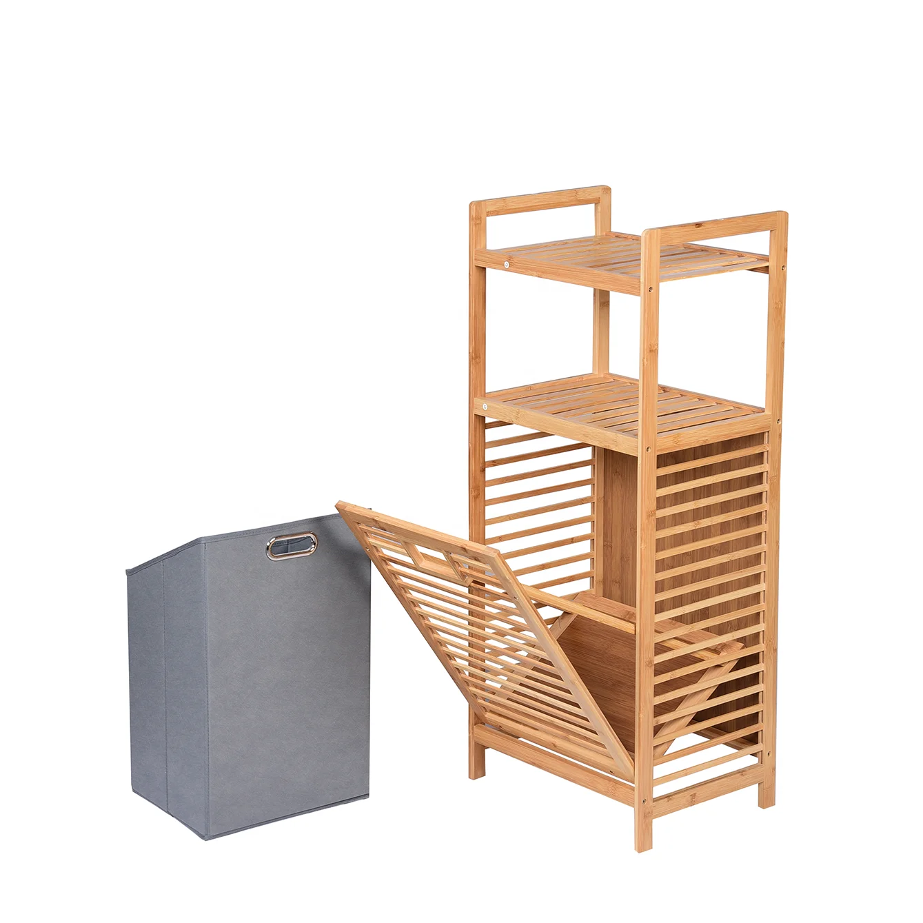 Hot Sale 2 Tier Bamboo Shelf Bathroom Storage Rack with Removable Inner Fabric Basket for Home