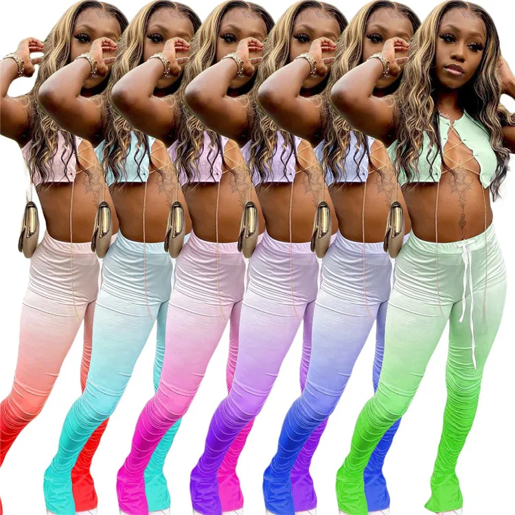 
xizi2020 Summer Set Women Two Piece Crop Bandage Top Trendy Women Clothing Neon Stacked Pants Outfit Two Piece Set 