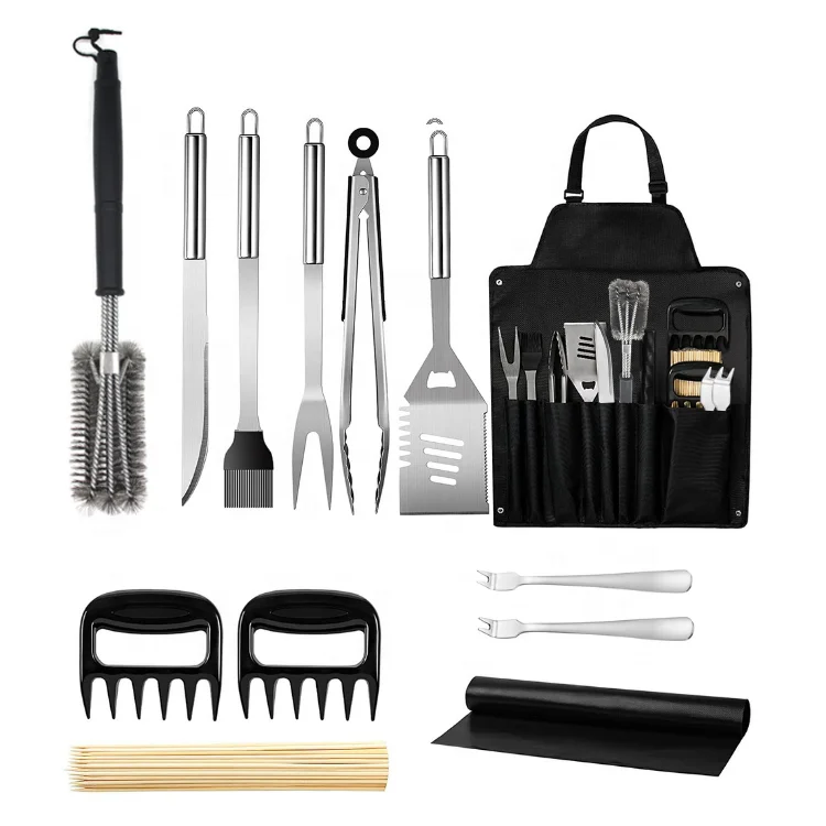 Metal Grill Set with Best Cleaning Brush Spatula Tongs Scraper Weber Black Grilling Apron Gift Kit for Camping Backyard Barbecue
