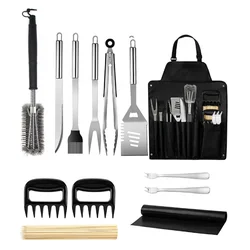 Metal Grill Set with Best Cleaning Brush Spatula Tongs Scraper Weber Black Grilling Apron Gift Kit for Camping Backyard Barbecue