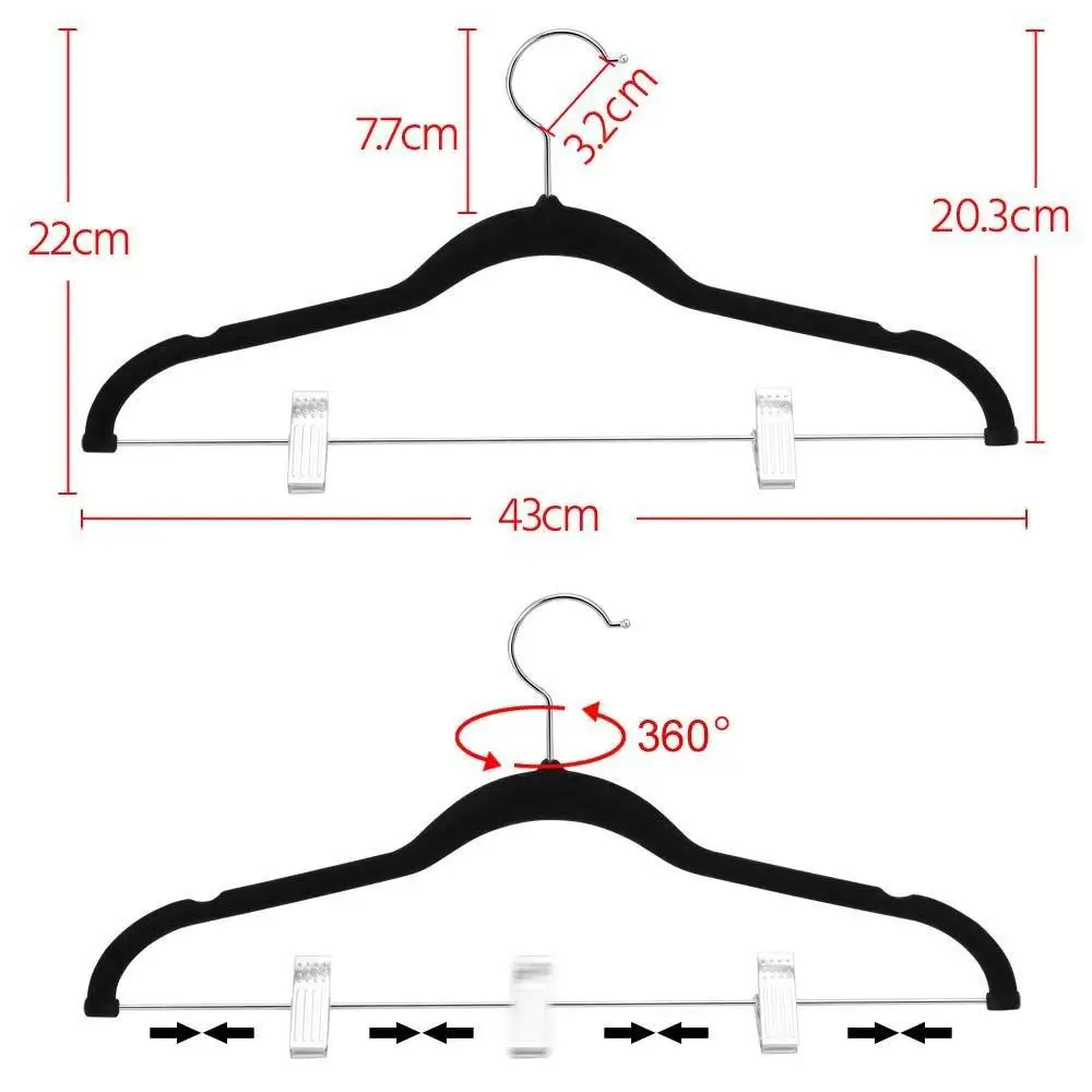 Wholesale Custom Silvery Hook 16.7inch Non Slip Black Grey Velvet Coat Hangers With Adjustable Metal Clips for pants clothes