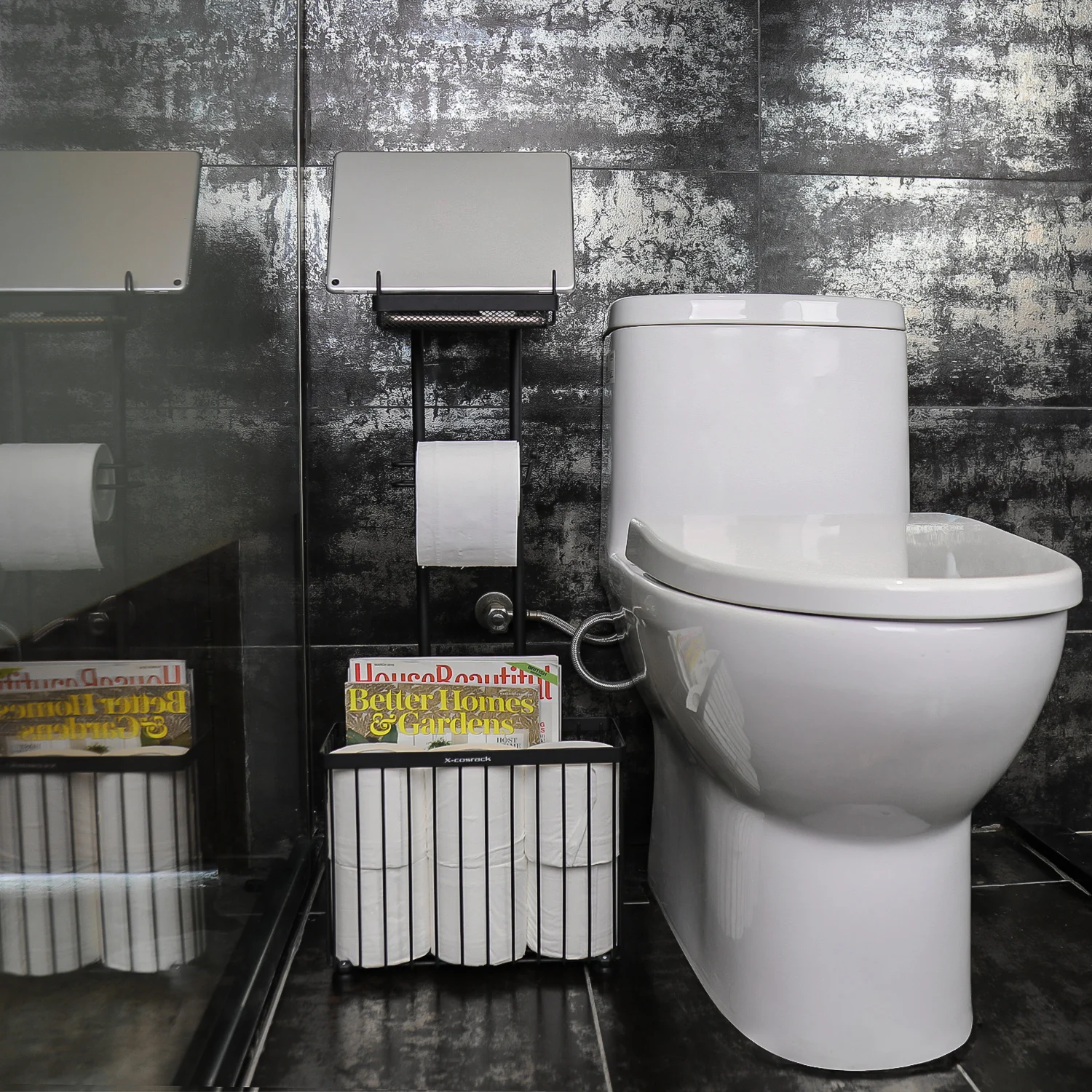 Hot sale Freestanding Toilet Paper Holder Tissue Rack Scroll Stand Roll Dispenser with bathroom over toilet storage shelf