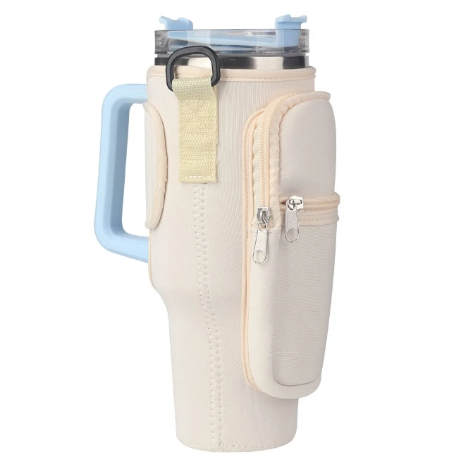 Adjustable strap neoprene 40oz water bottle carrier sleeve pouch tumbler cup holder sling bag with phone pocket