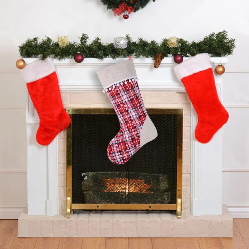 BSCI SJ0110-1 America popular burlap band snowy Christmas stocking lace balls custom plaid