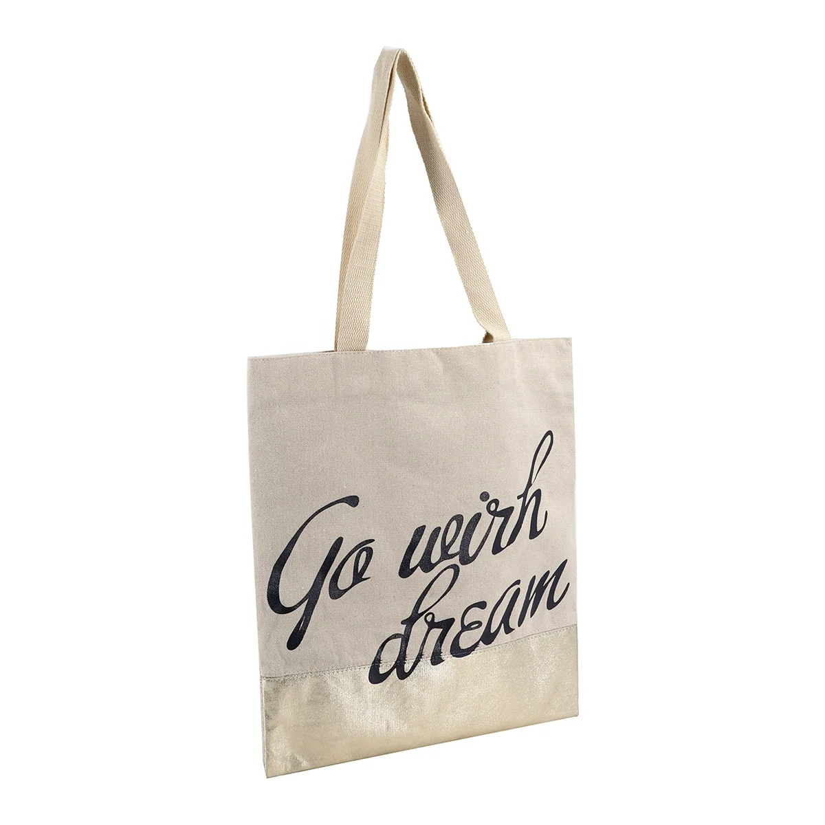 Customized 450gsm 100% cotton canvas with shiny pu shopping bag silk printing tote bag webbing handle reusable bag for women