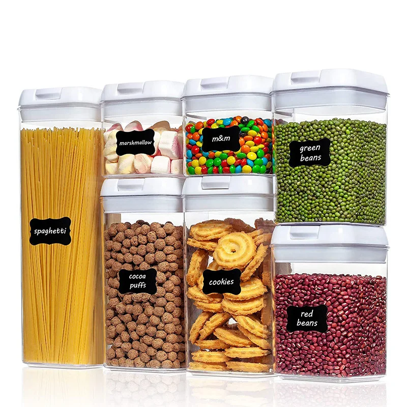 7 Pcs Set Bpa-Free Transparent Plastic Kitchen Organizer Storage Jar Food Storage Containers Set with Lids