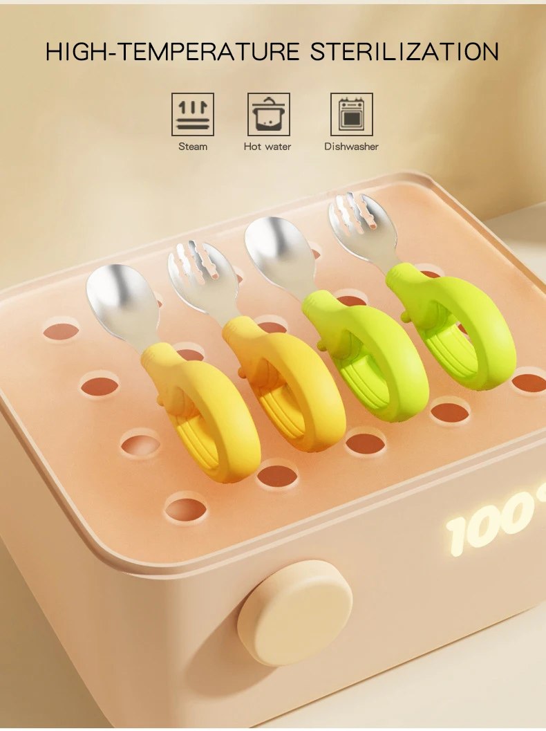 2024 Leafree Newest Design Nature Silicone Metal Handle Spoon Fork Set Weaning Baby Cutlery Feeding Tableware for Baby Kids