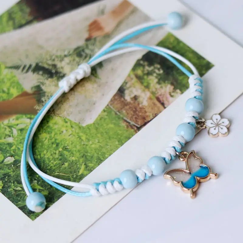 Couple Friendship Resin Butterfly Bracelets Bohemian Ceramic Beaded Enamel Flower Charm Handmade Braid Rope Girl Cute Bracelet