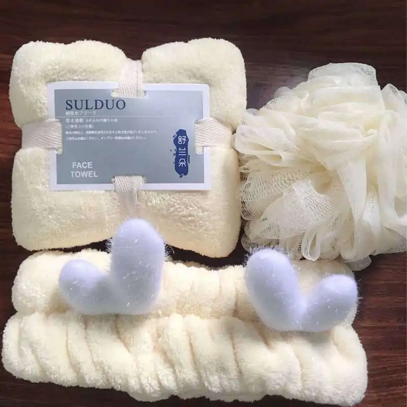 Thick Coral fleece Bath 3 Pcs Towel Set hand towel headband sponge