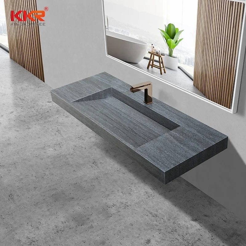 KKR High-end Solid Surface Custom Size Bathroom Vanity Grey Marble Wall-hung Wash Basin Sink
