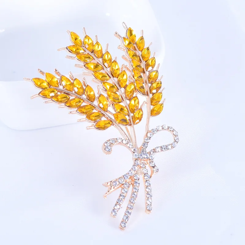 Go Party High-End Overcoat Scarf Button Brooch Jewelry Crystal Wheat Bow Brooches Pin Yellow Rhinestone Wheat Brooches Women