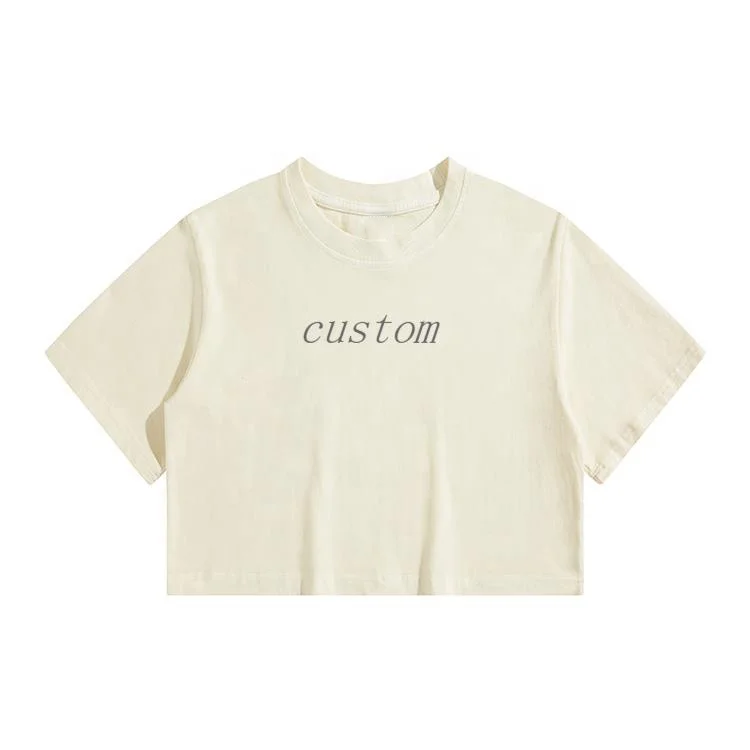Holland custom logo size plain o-neck women  vintage t-shirts retro cream-coloured breathable washed short style t-shirts