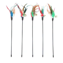 Pet Toy Random Color Cat Kitten Interactive Toy Rod Bell Feather Cats Stick Wire Chaser Wand Toy Cat Teaser Feather Long