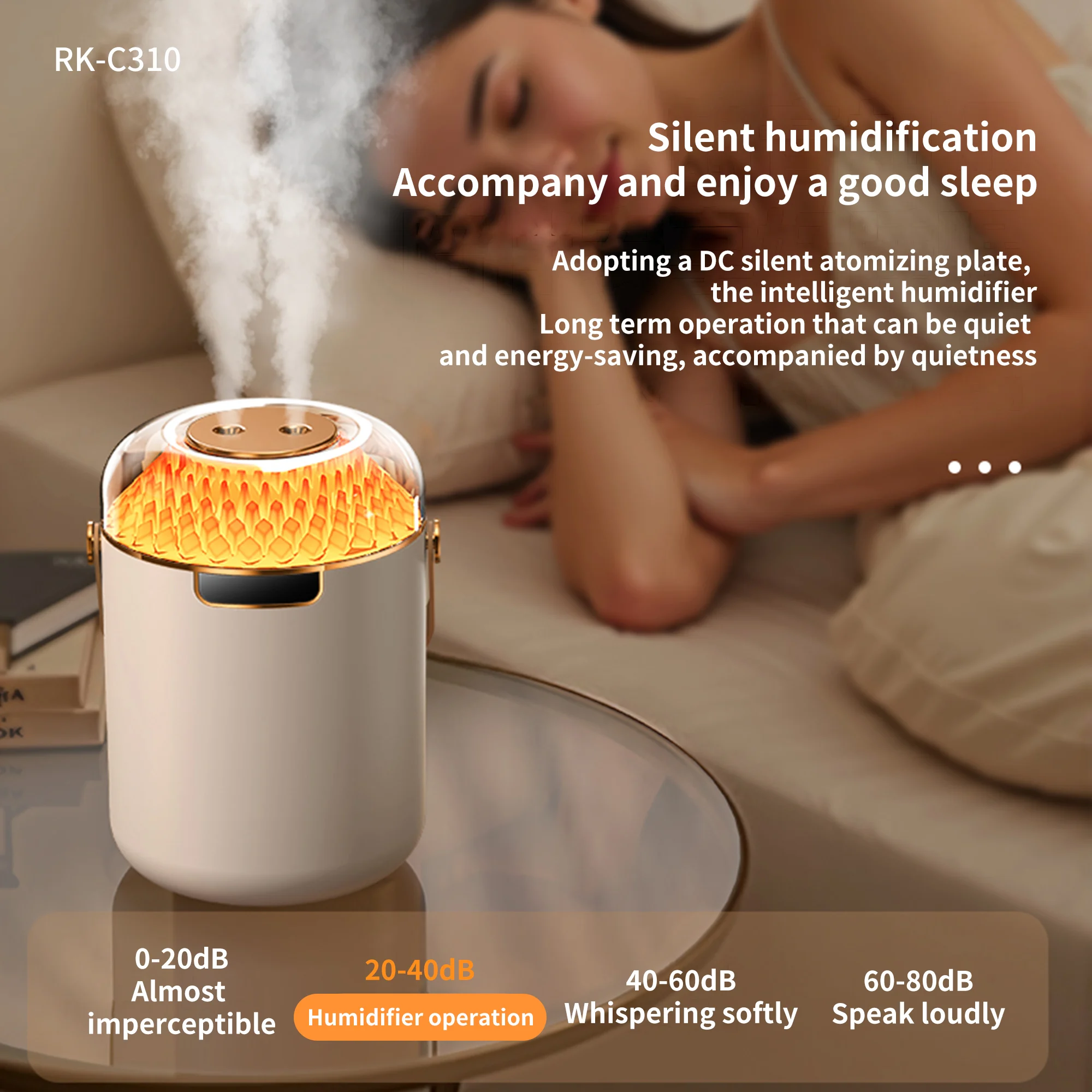 Dual sprays new home car USB rechargeable simulation flame humidifier RK-C310 360ml large capacity colorful lights humidifier